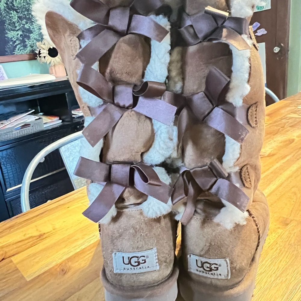 UGG Women's Tan Sheepskin Boots with Bows